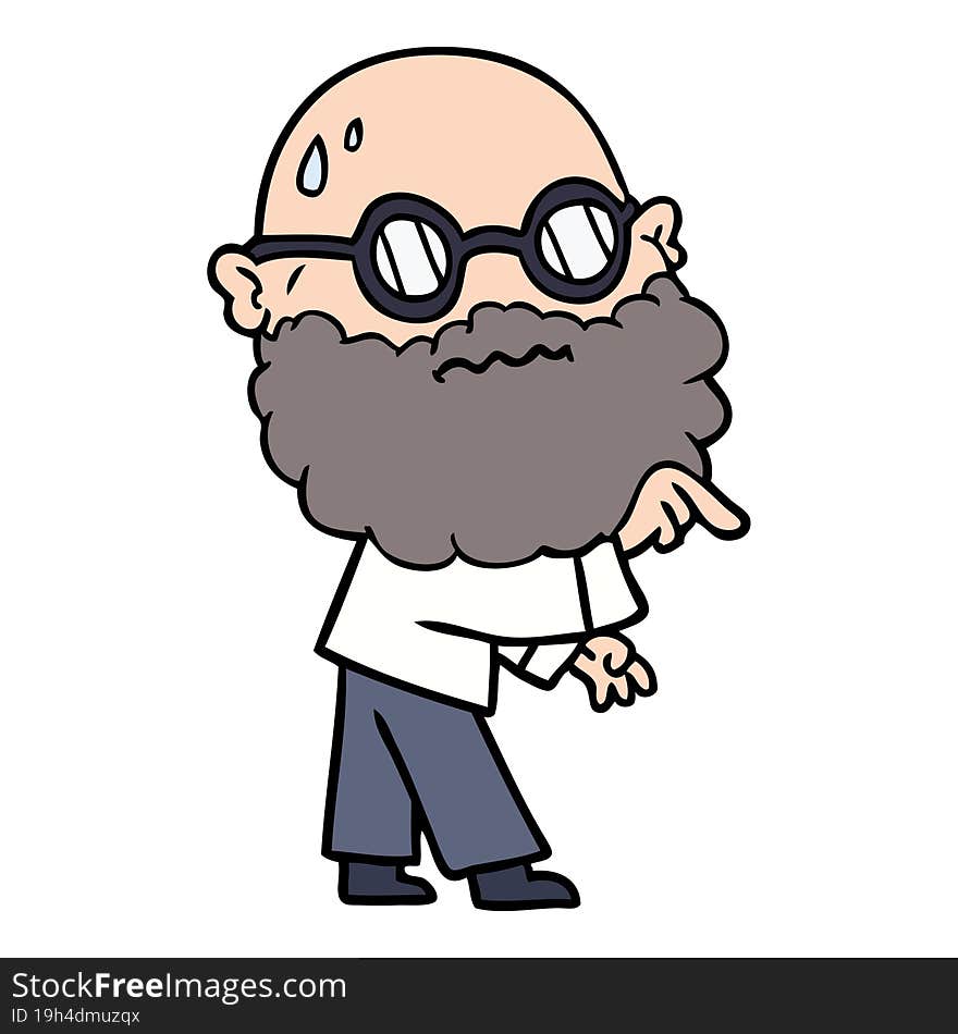 cartoon worried man with beard and spectacles pointing finger. cartoon worried man with beard and spectacles pointing finger