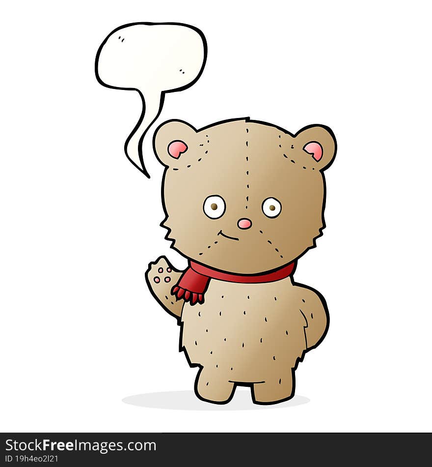 cartoon waving teddy bear with speech bubble