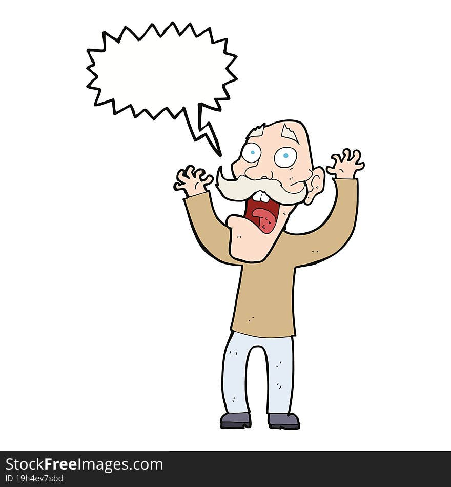 cartoon old man getting a fright with speech bubble