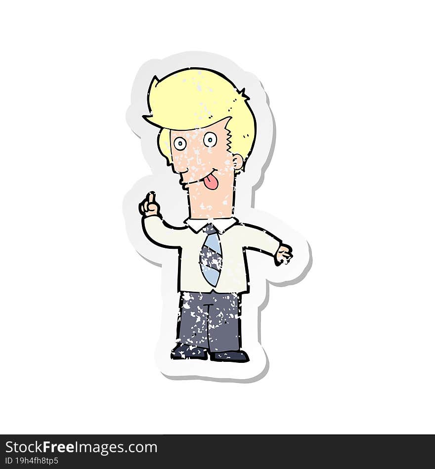 retro distressed sticker of a cartoon office man with crazy idea