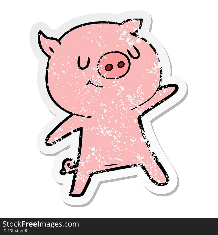 Distressed Sticker Of A Happy Cartoon Pig Waving