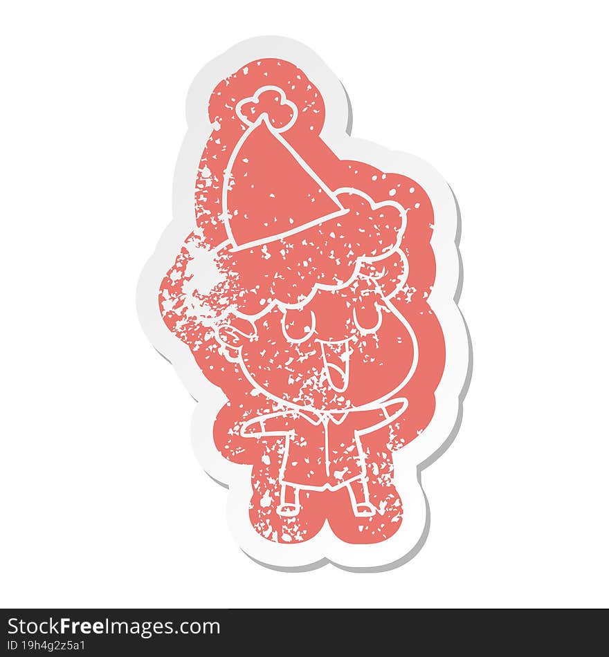 laughing quirky cartoon distressed sticker of a man wearing santa hat