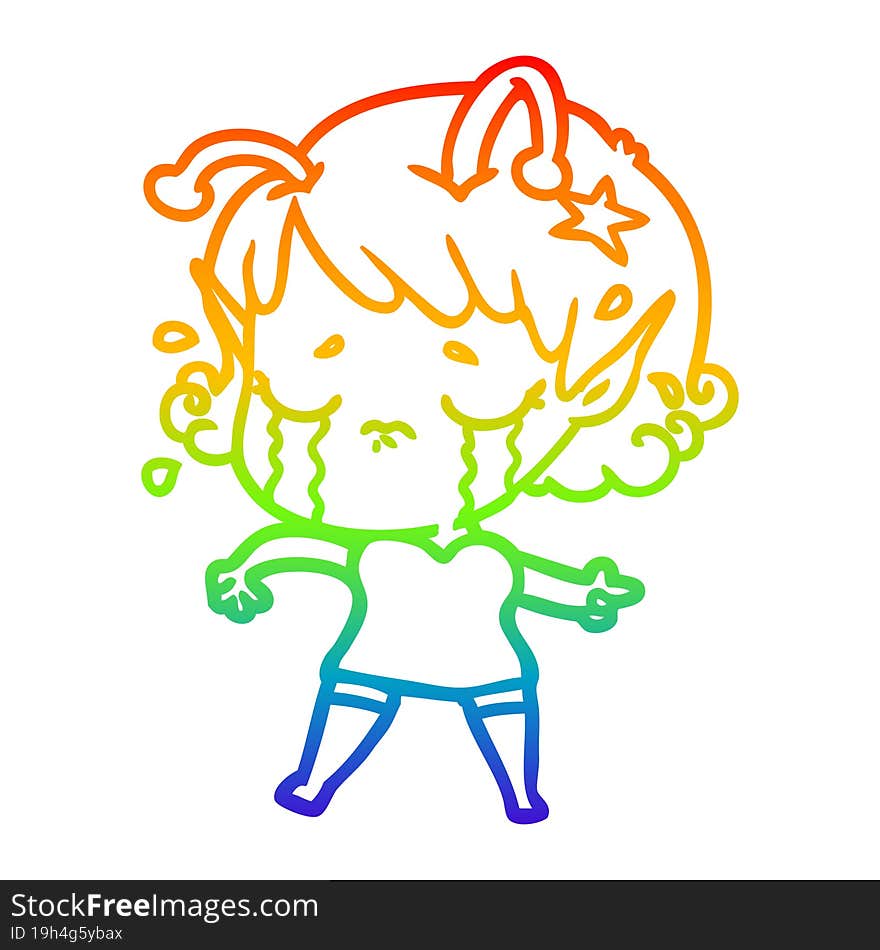 rainbow gradient line drawing cartoon crying alien girl