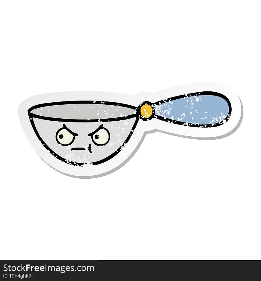 Distressed Sticker Of A Cute Cartoon Measuring Spoon