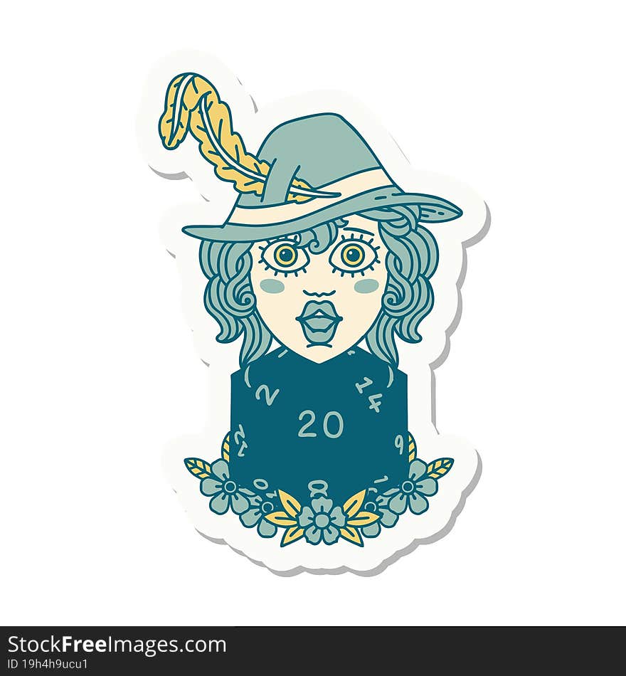 human bard with natural 20 dice roll sticker