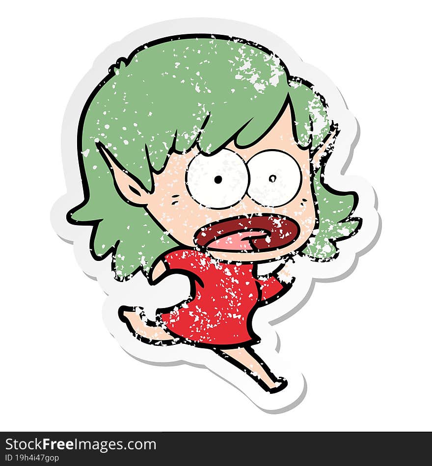 distressed sticker of a cartoon shocked elf girl