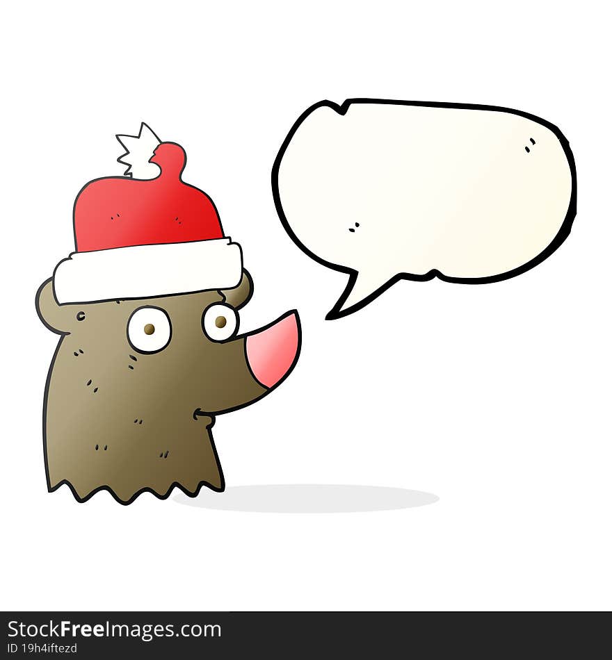 freehand drawn speech bubble cartoon bear wearing christmas hat