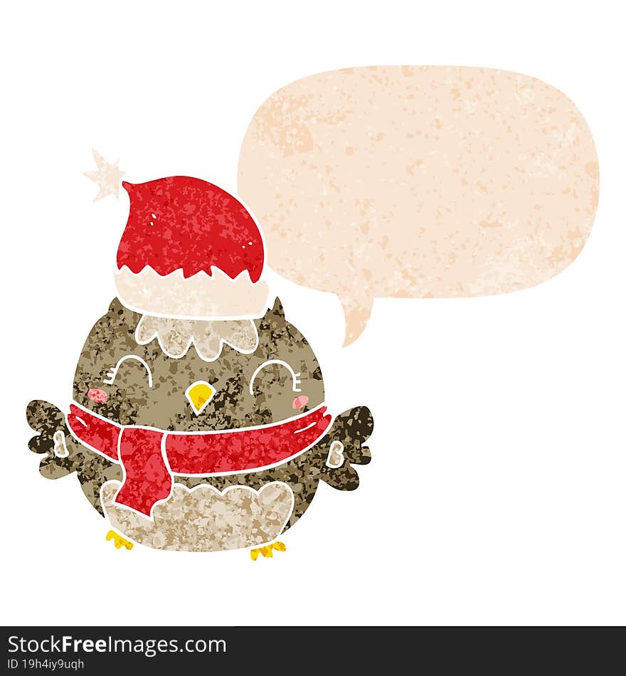 Cute Christmas Owl And Speech Bubble In Retro Textured Style