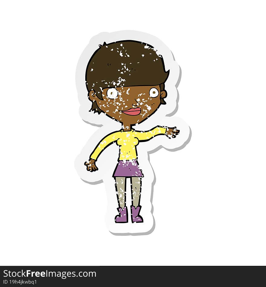 retro distressed sticker of a cartoon happy woman