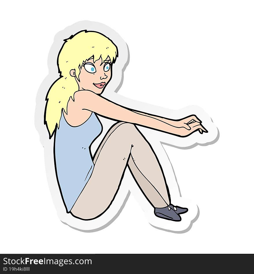 sticker of a cartoon happy woman sitting