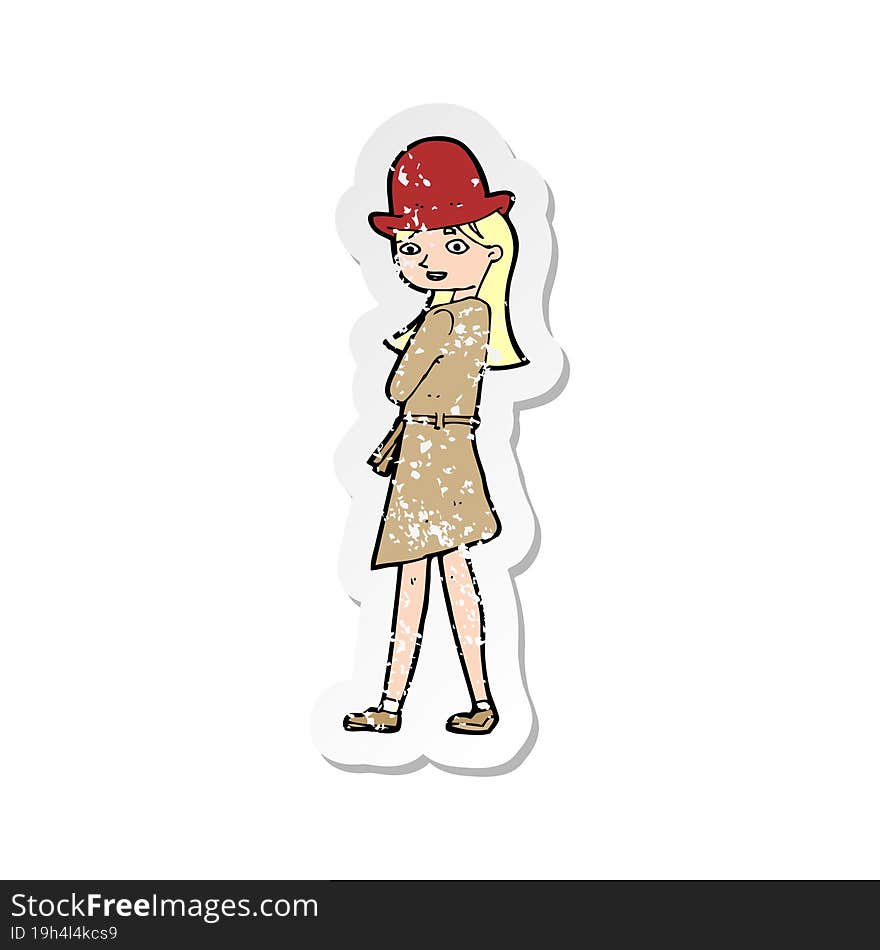 Retro Distressed Sticker Of A Cartoon Female Spy