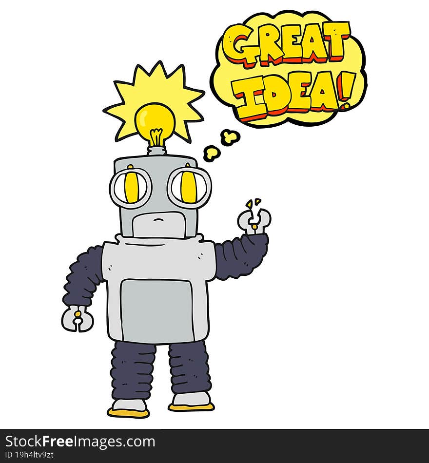 thought bubble cartoon robot with great idea