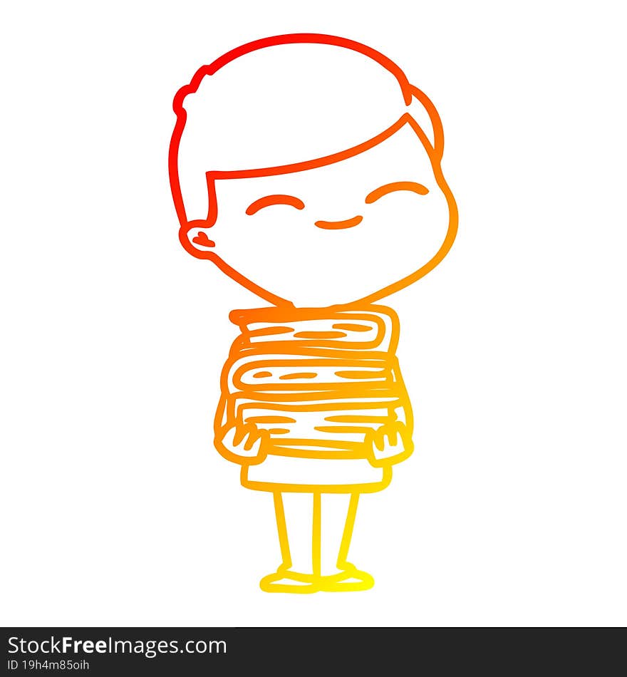 Warm Gradient Line Drawing Cartoon Smiling Boy With Stack Of Books