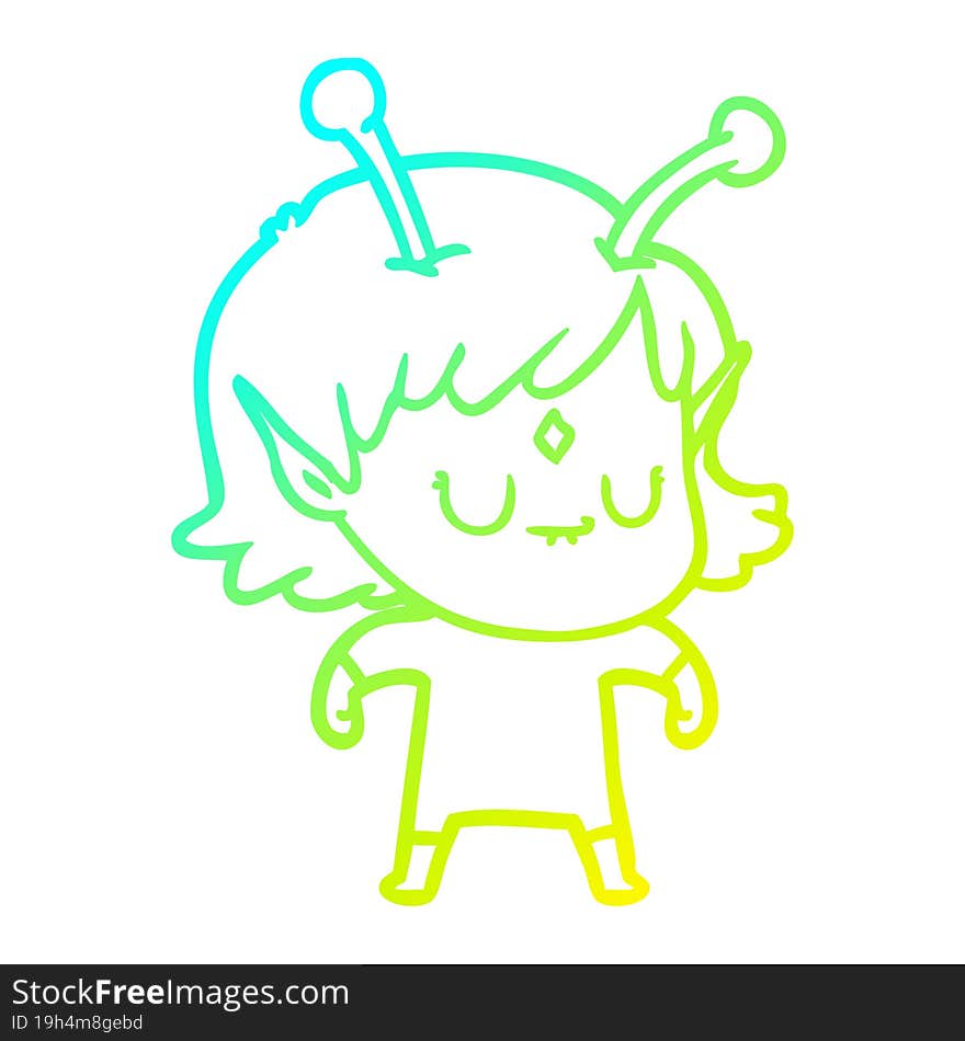 cold gradient line drawing of a cartoon alien girl