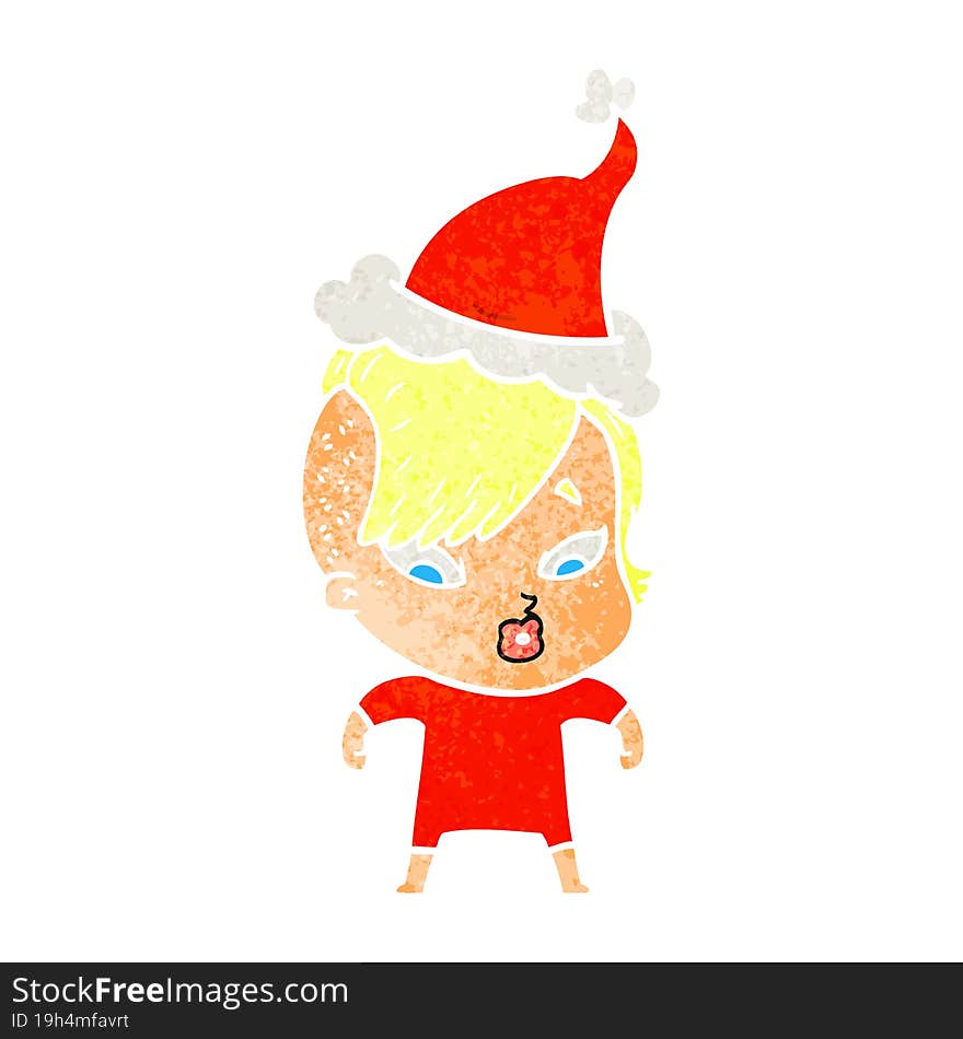 retro cartoon of a surprised girl wearing santa hat