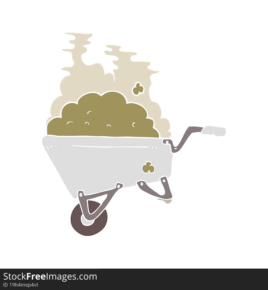 flat color illustration of a cartoon wheelbarrow full of dirt