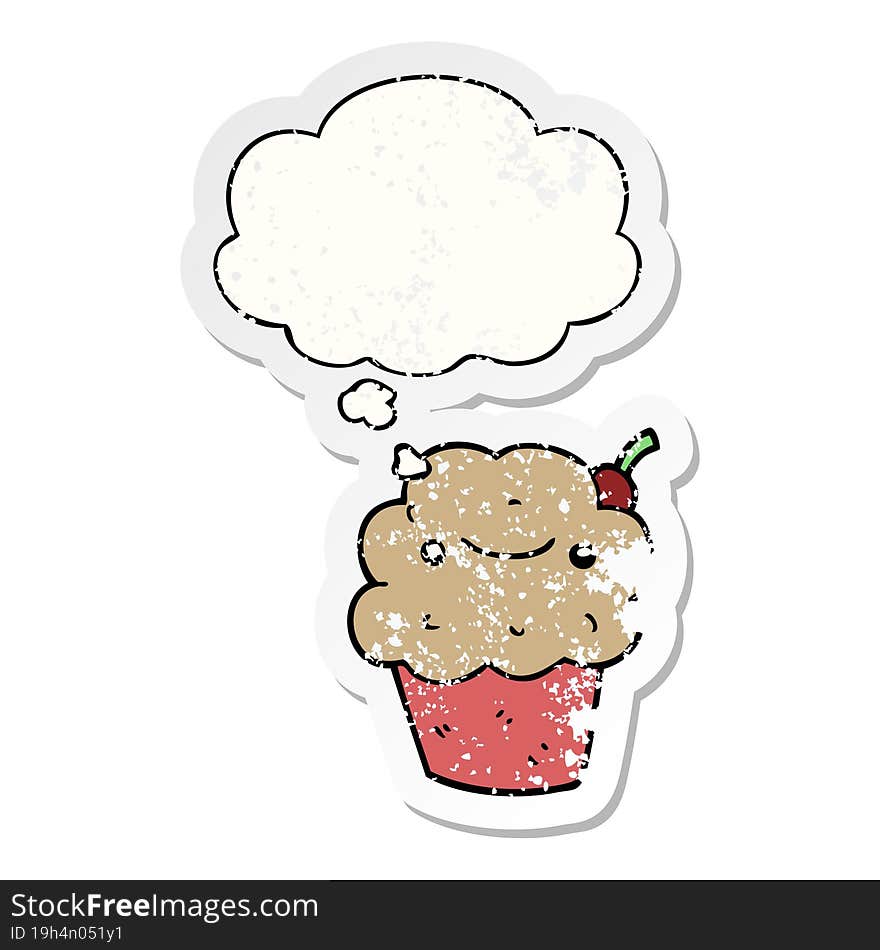 cartoon cupcake and thought bubble as a distressed worn sticker