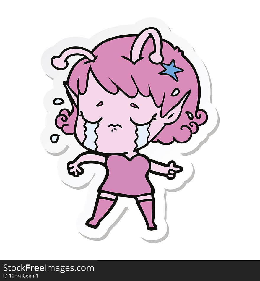 sticker of a cartoon crying alien girl