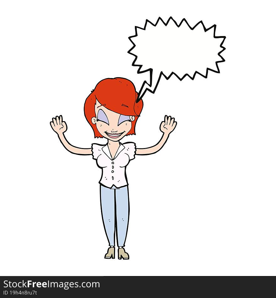 cartoon pretty woman with hands in air with speech bubble