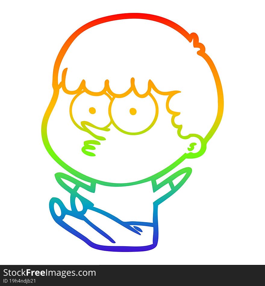 rainbow gradient line drawing of a cartoon boy sat waiting