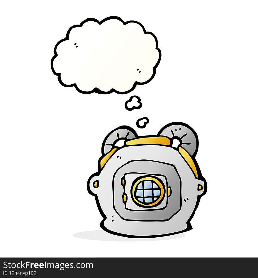 cartoon old deep sea diver helmet with thought bubble