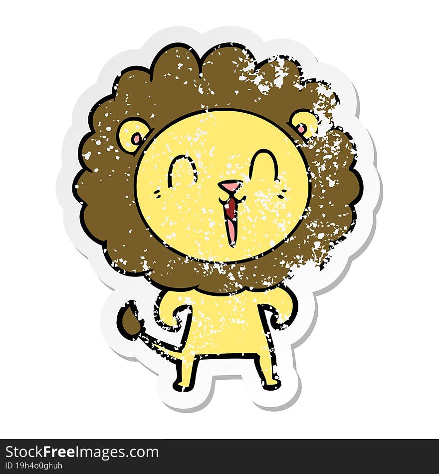 distressed sticker of a laughing lion cartoon