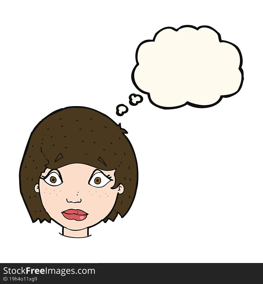 cartoon worried female face with thought bubble