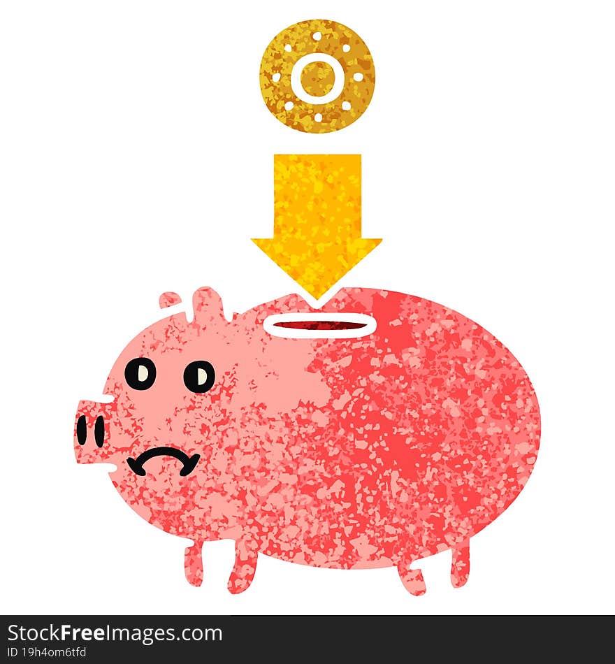 retro illustration style cartoon piggy bank