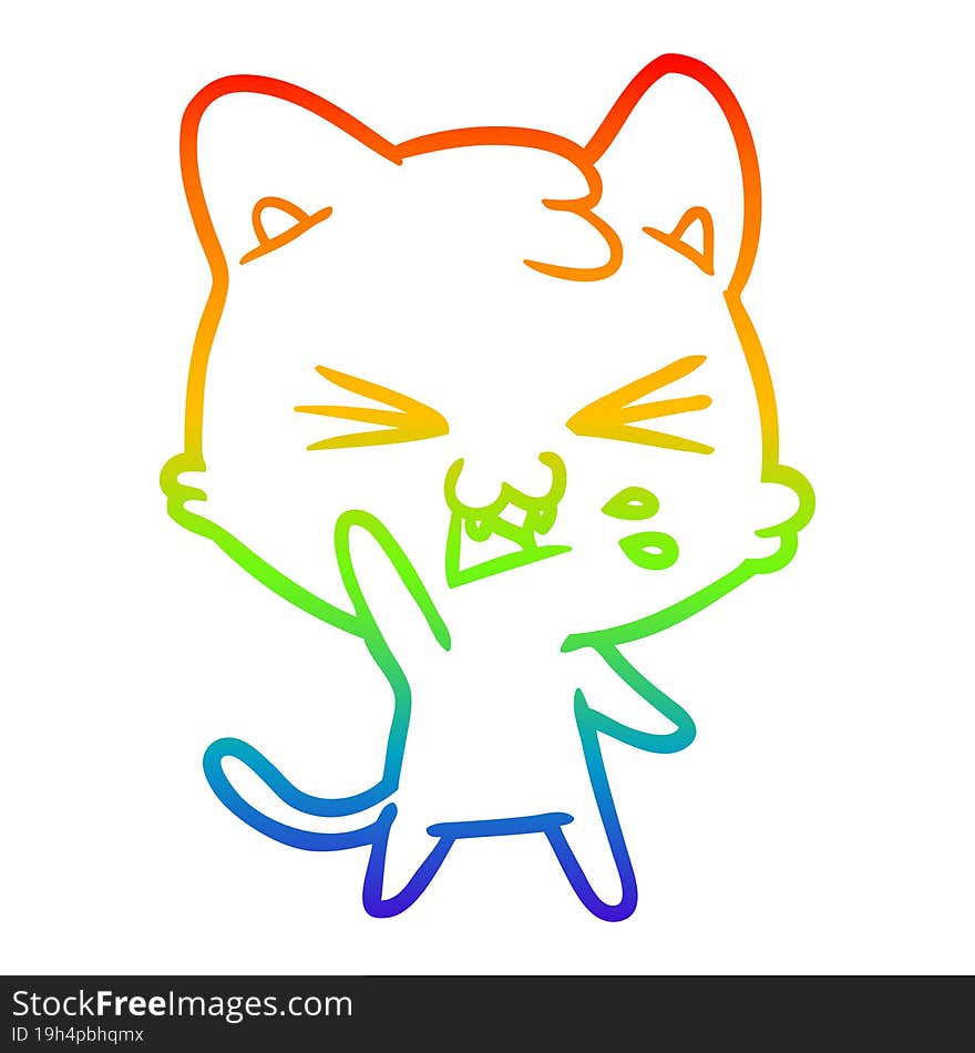 rainbow gradient line drawing of a cartoon cat hissing