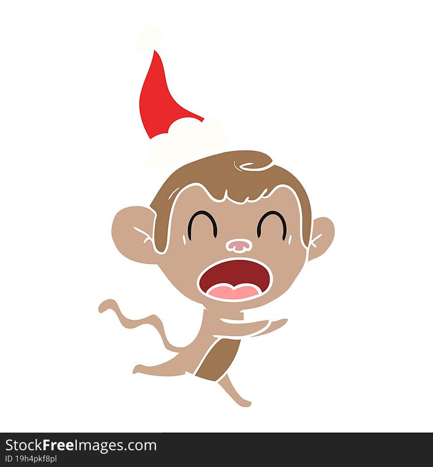 Shouting Flat Color Illustration Of A Monkey Wearing Santa Hat