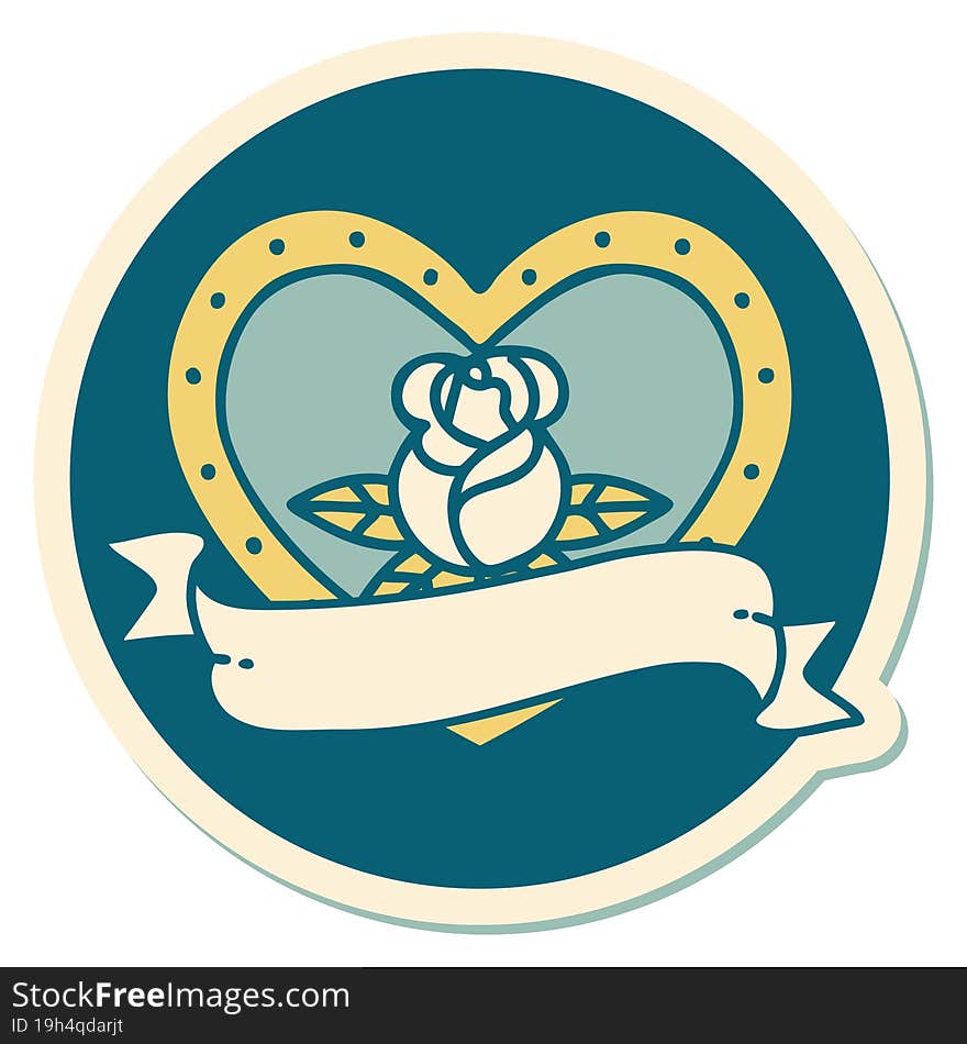 sticker of tattoo in traditional style of a heart rose and banner. sticker of tattoo in traditional style of a heart rose and banner