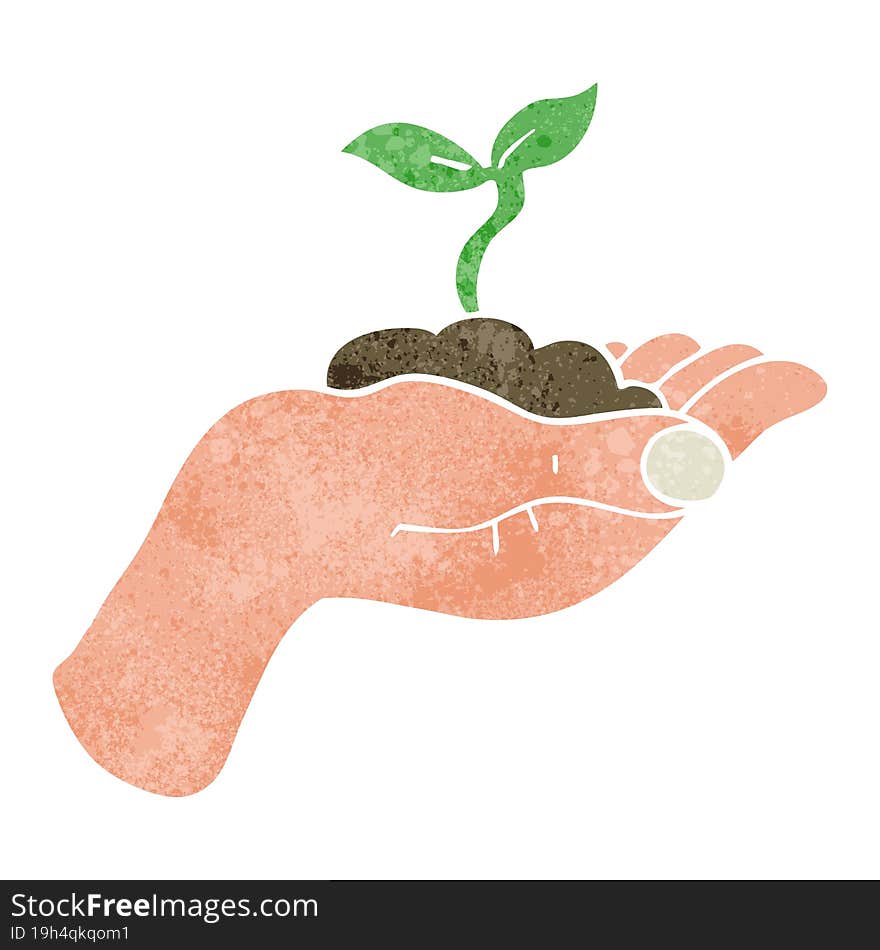 Retro Cartoon Seedling Growing Held In Hand