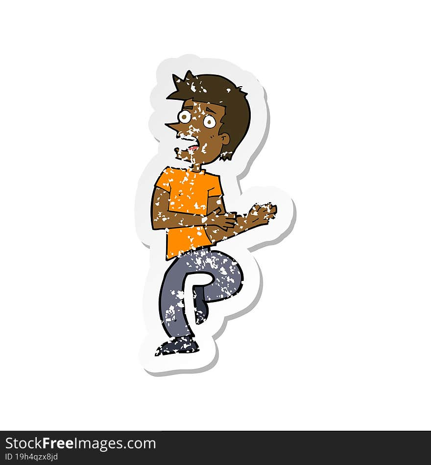 retro distressed sticker of a cartoon stressed out man