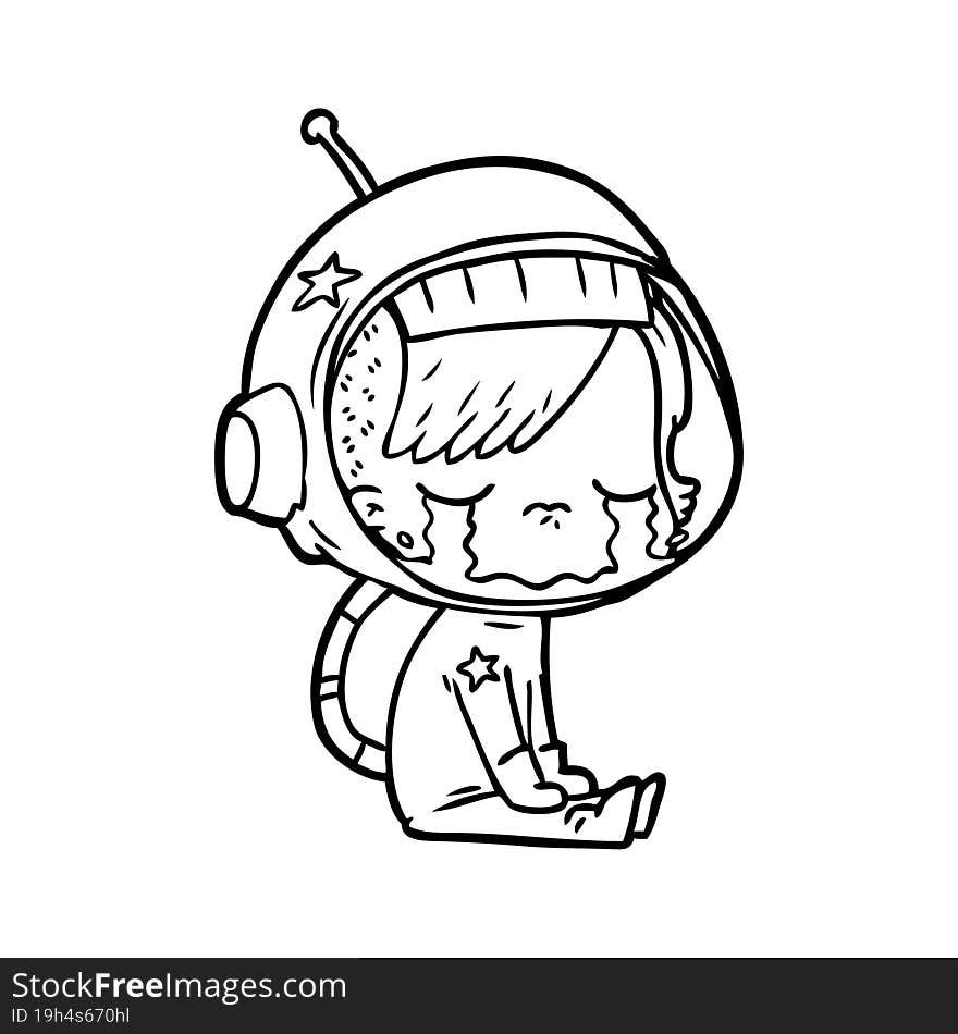 cartoon crying astronaut girl sitting. cartoon crying astronaut girl sitting