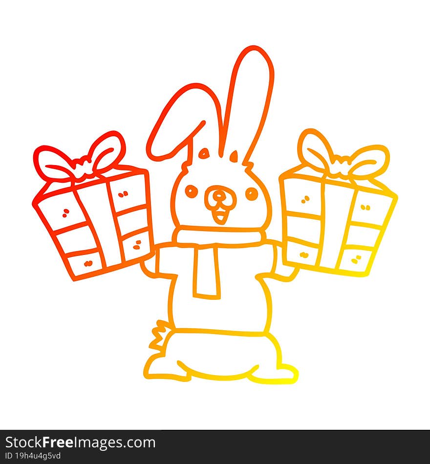 warm gradient line drawing cartoon rabbit with christmas presents