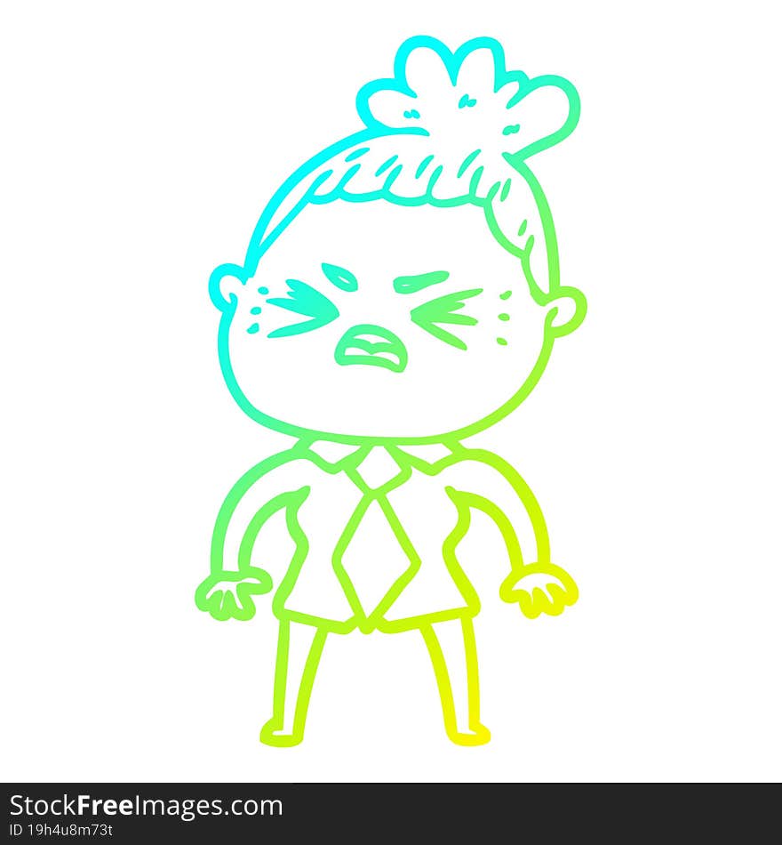 cold gradient line drawing of a cartoon angry woman