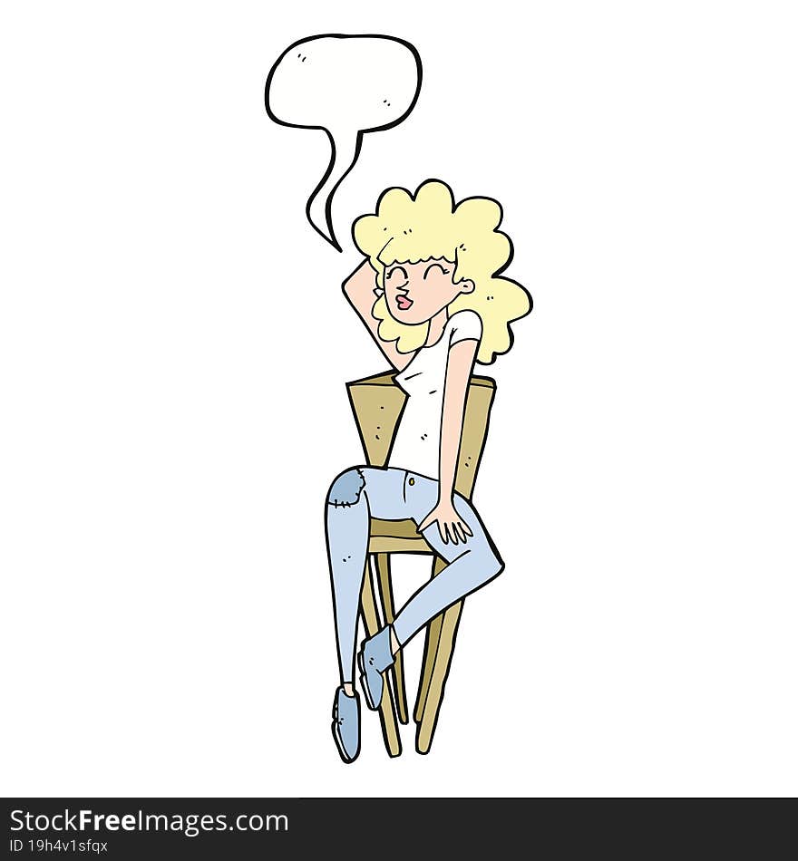 cartoon woman posing on chair with speech bubble