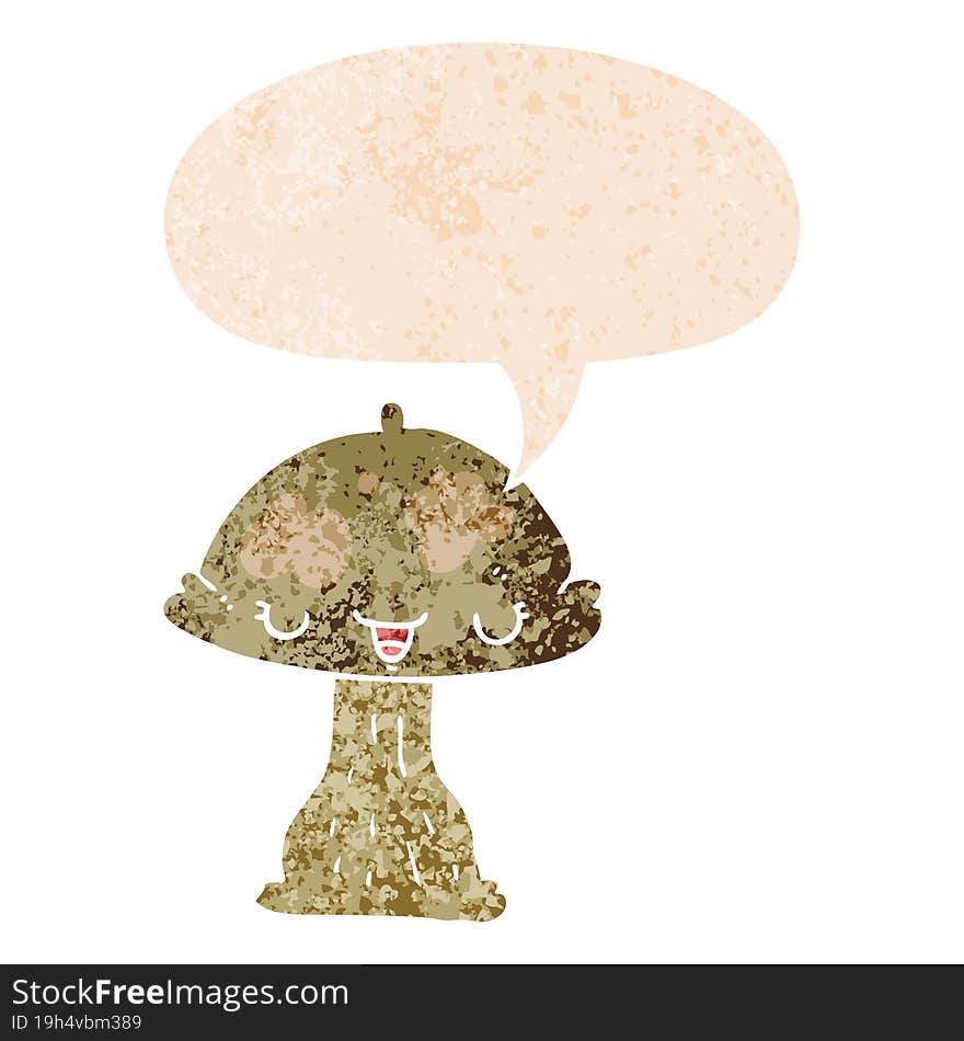 cartoon toadstool and speech bubble in retro textured style