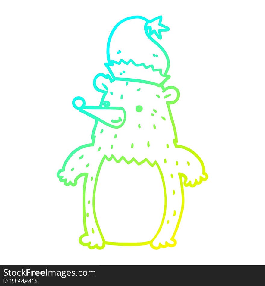 cold gradient line drawing cartoon bear wearing christmas hat