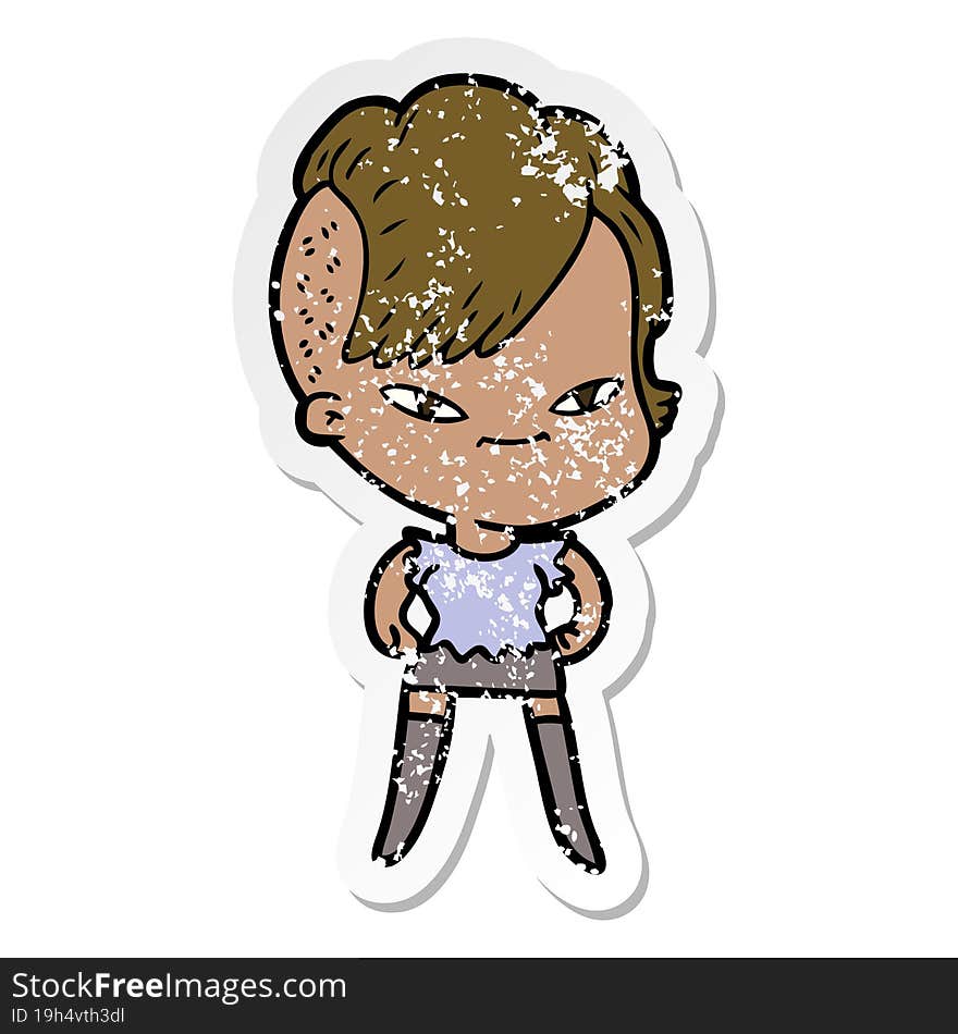 distressed sticker of a cute cartoon girl with hipster haircut