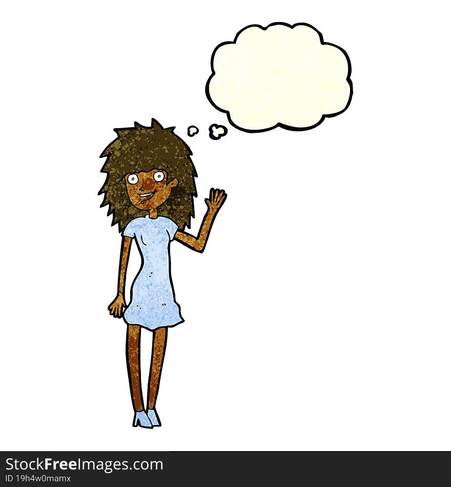 cartoon happy woman waving with thought bubble