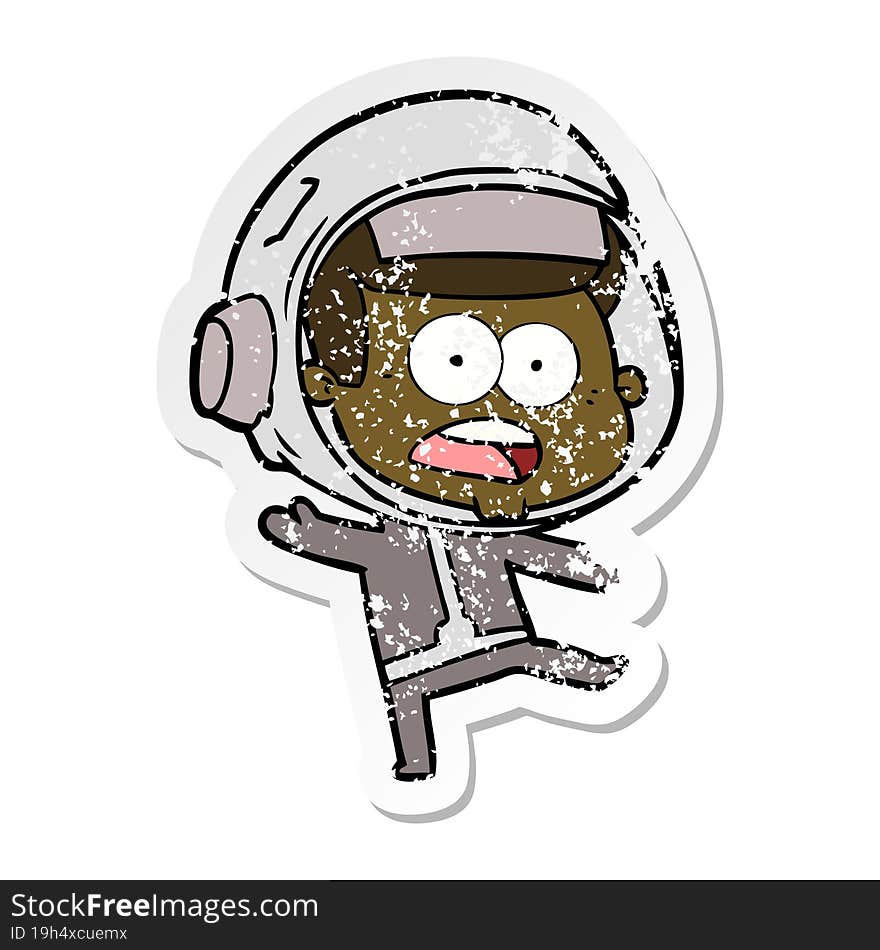 distressed sticker of a cartoon surprised astronaut