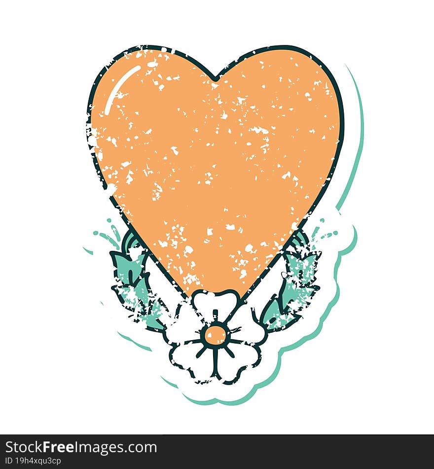 distressed sticker tattoo style icon of a heart and flower