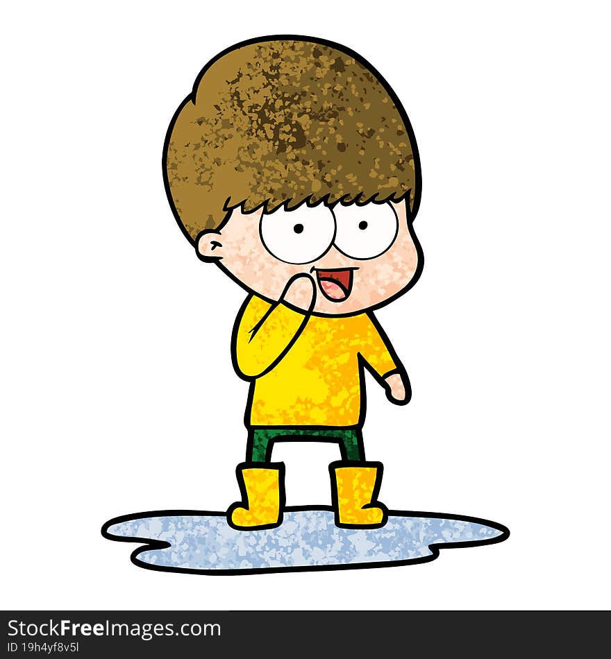 happy cartoon boy splashing in puddle. happy cartoon boy splashing in puddle