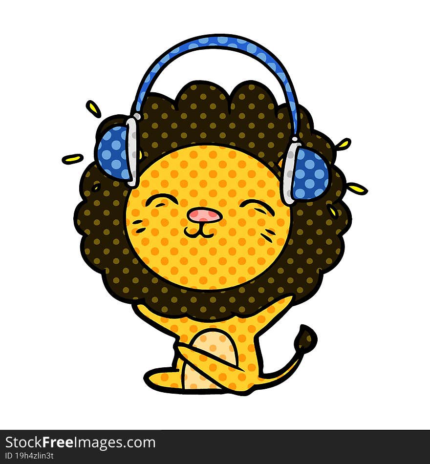 cartoon lion listening to music. cartoon lion listening to music