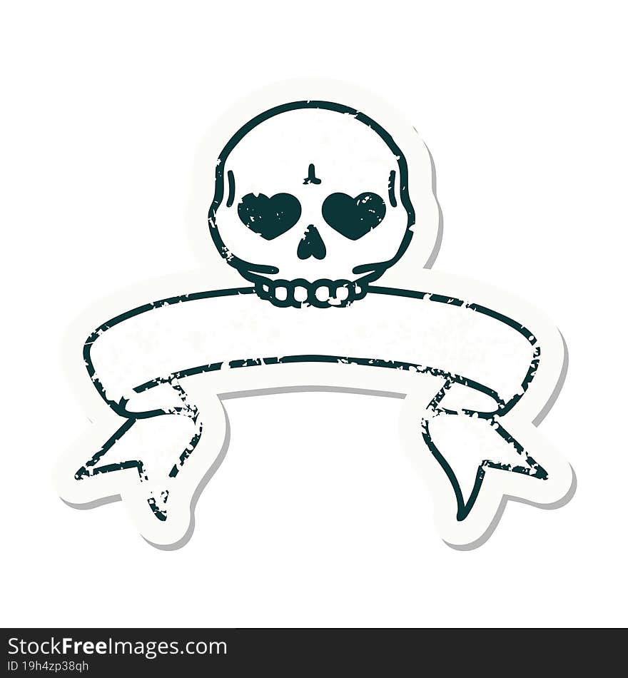 grunge sticker with banner of a skull