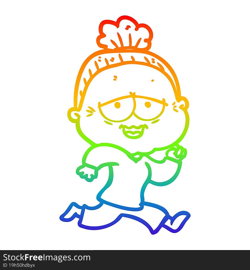 rainbow gradient line drawing of a cartoon happy old lady