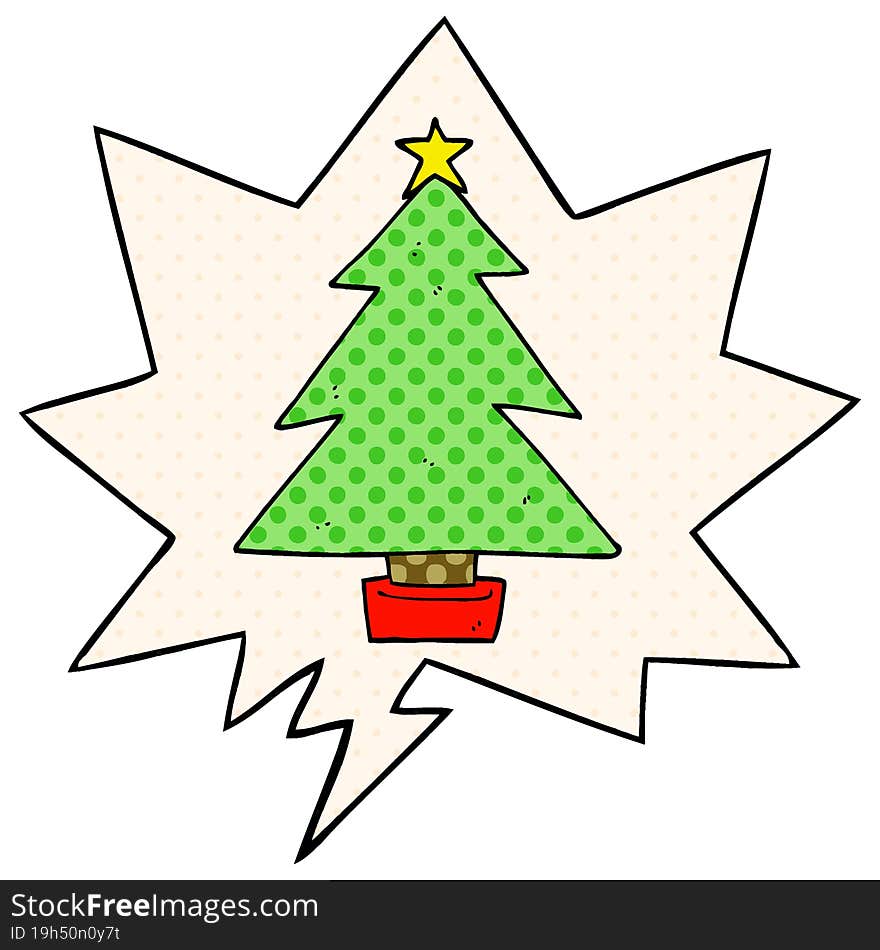 cartoon christmas tree and speech bubble in comic book style