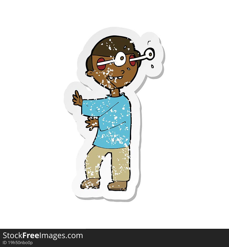 Retro Distressed Sticker Of A Cartoon Boy With Popping Out Eyes