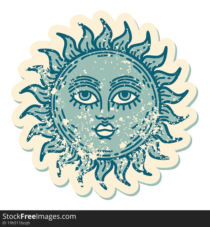 Distressed Sticker Tattoo Style Icon Of A Sun With Face